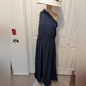 One Sleeve Ruffle Trim A-Line Maxi Dress with Tie Belt size L.